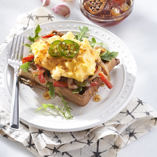 Open-Faced Scrambled Egg Waffle Sandwich with Garlic-Infused Honey
