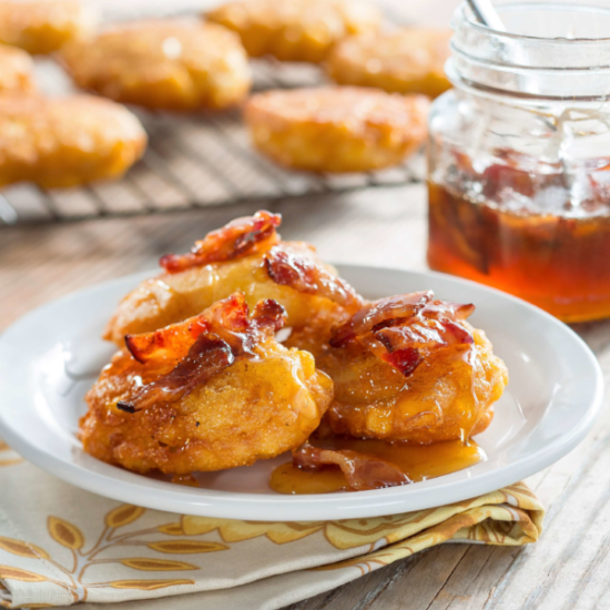 Double Corn and Honey Fritters with Honey-Bacon Drizzle