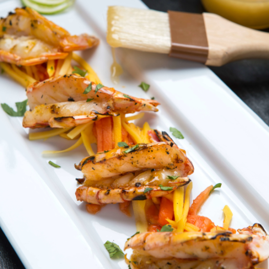 Grilled Tiger Shrimp with Mango-Habanero-Honey & Papaya Slaw